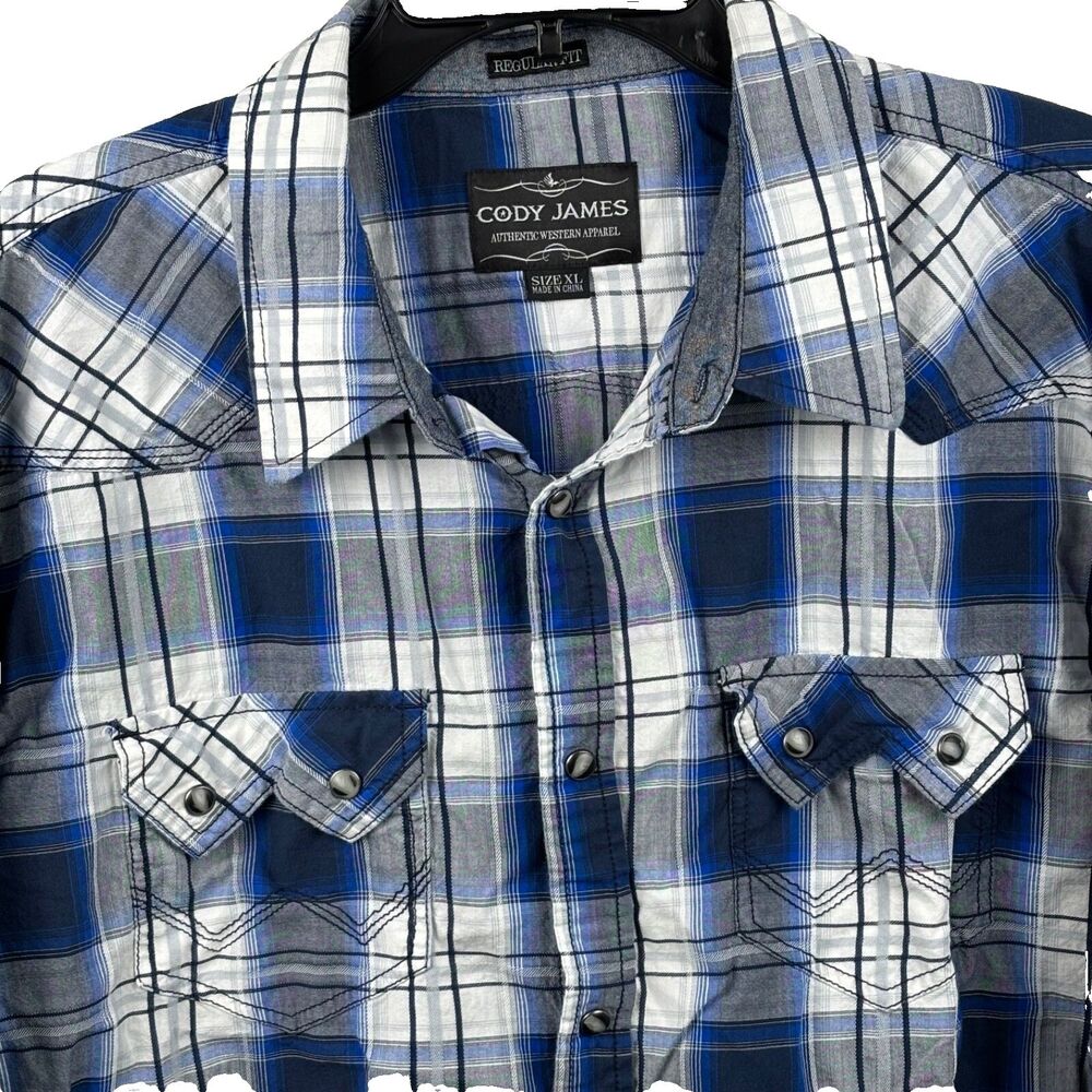 CODY JAMES Men’s XL Harvest Plaid Long sleeve snap western shirt blue white